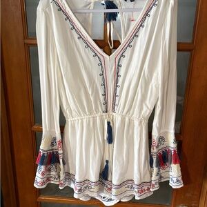 Lulus White Embroidered Romper Medium Boho Tassel Stretch Waist Summer